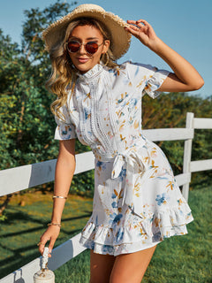 Floral Keyhole Tie Waist Mini Dress