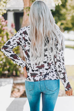 Cow Print Keyhole Long Sleeve Top