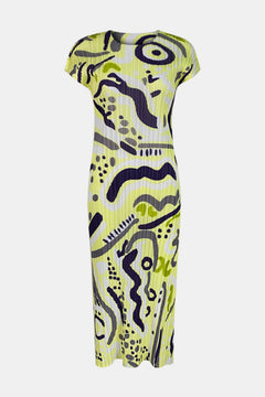 Abstract Print Accordion Pleated Round Neck Midi Dress