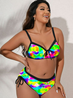 Plus Size Tie-Dye Tied Contrast Trim Bikini Set