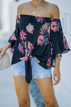 Off Shoulder Floral Tie Front Chiffon Blouse