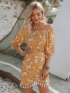 Floral Tassel Detail Tulip Hem Off-Shoulder Dress