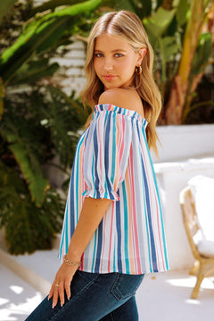 Striped Frill Trim Off-Shoulder Top