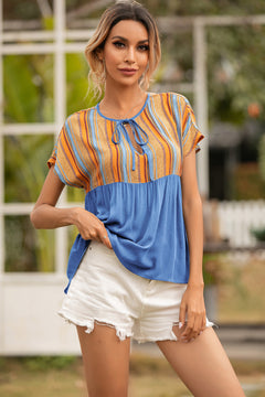 Striped Tie Neck Babydoll Top