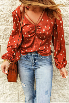 Printed Balloon Sleeve Plunge Blouse