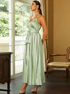 Satin Tie Waist Deep V Maxi Dress