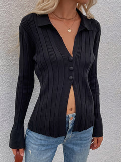 Buttoned Rib-Knit Collared Cardigan