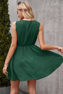 Solid V-Neck Button Front Dress