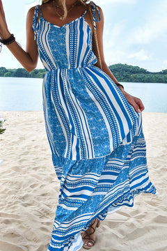 Mixed Print Tie-Shoulder Maxi Dress