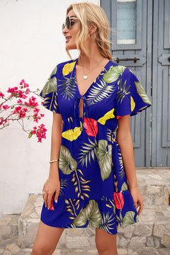 Tropical V-Neck Tie Dress