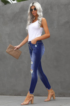 Button Front Frayed Ankle Skinny Jeans