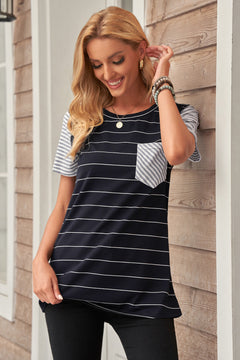 Striped Contrast Front Pocket T-Shirt