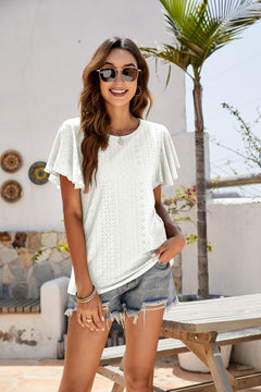 Eyelet Flutter Sleeve Short Sleeve Top