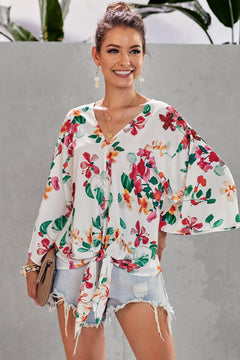 Floral V-Neck Tie Front Top