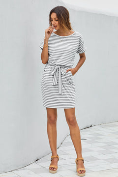 Stripes Pocketed T-shirt Dress with Belt