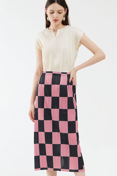 Checkerboard Accordion Pleated Midi Skirt