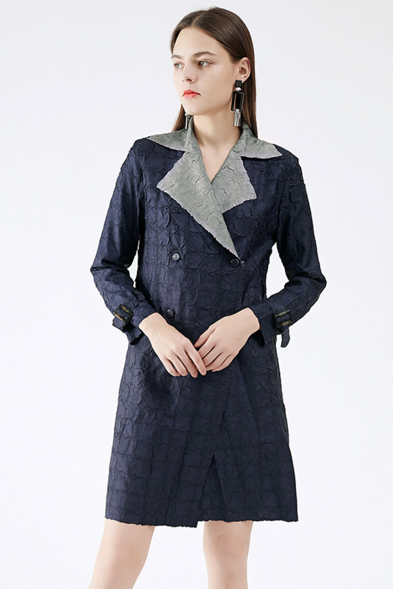 Two-Tone Textured Double-Breasted Tie Waist Blazer Dress