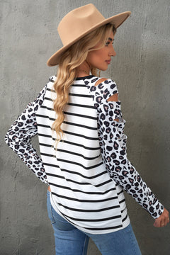 Leopard Print Striped Distressed Long Sleeve Tee