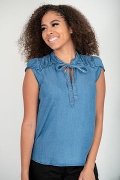 SHOPIRISBASIC Getting To Know You Tie-Front Denim Top