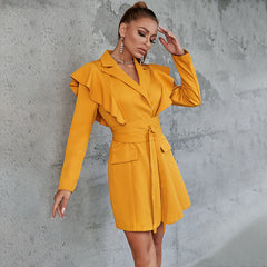 Ruffle Shoulder Belted Blazer Dress