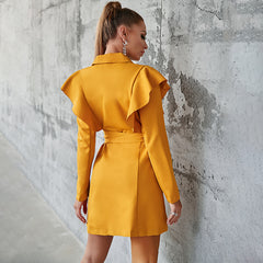 Ruffle Shoulder Belted Blazer Dress