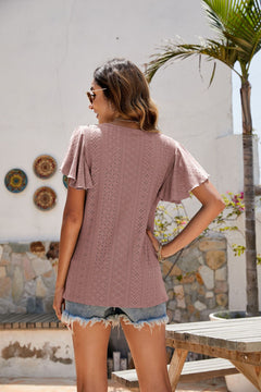 Eyelet Flutter Sleeve Short Sleeve Top