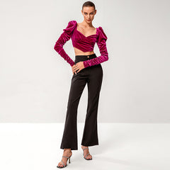 Pointed Hem Puff Sleeve Velvet Crop Top