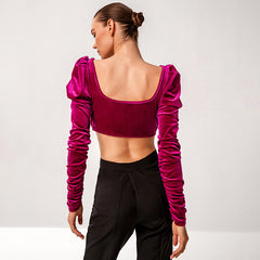 Pointed Hem Puff Sleeve Velvet Crop Top