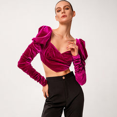 Pointed Hem Puff Sleeve Velvet Crop Top