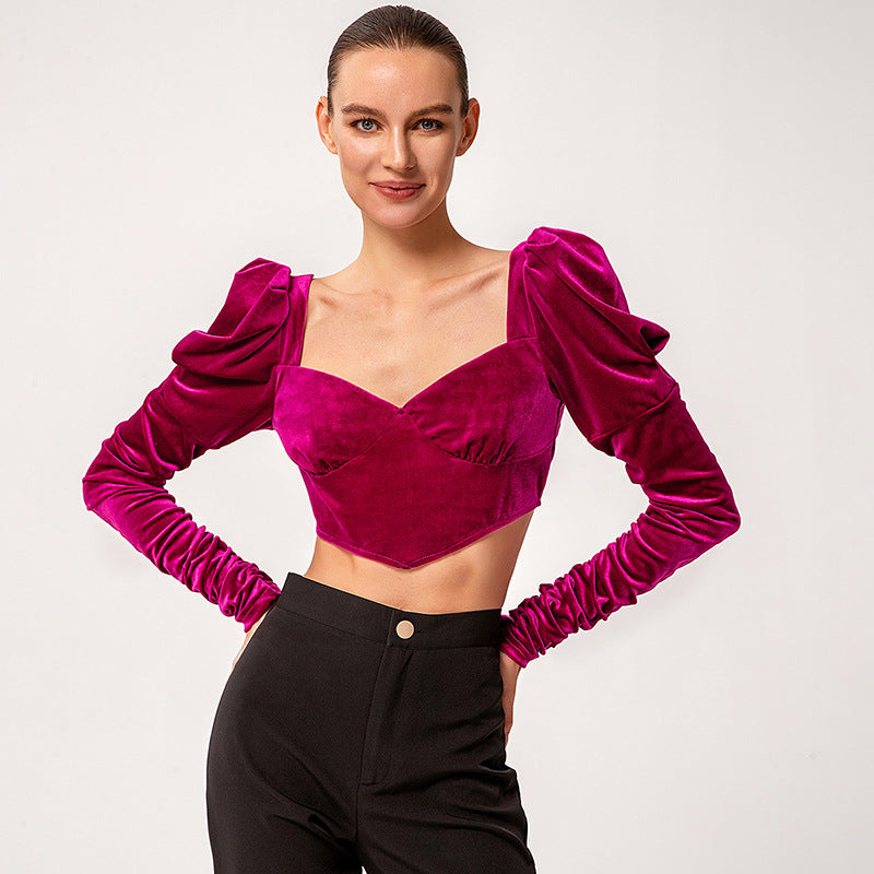 Pointed Hem Puff Sleeve Velvet Crop Top