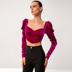 Pointed Hem Puff Sleeve Velvet Crop Top