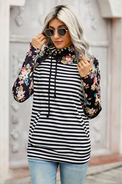 Striped Floral Print Long Sleeve Hoodie