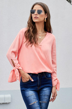 V Neck Ruched Tie Sleeve Top