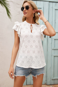 Eyelet Embroidery Tie-Neck Top