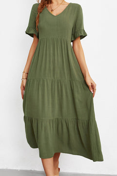 Short Sleeve V-Neck Tiered  Dress