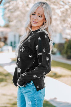 Dandelion Print Round Neck Slit Sweatshirt