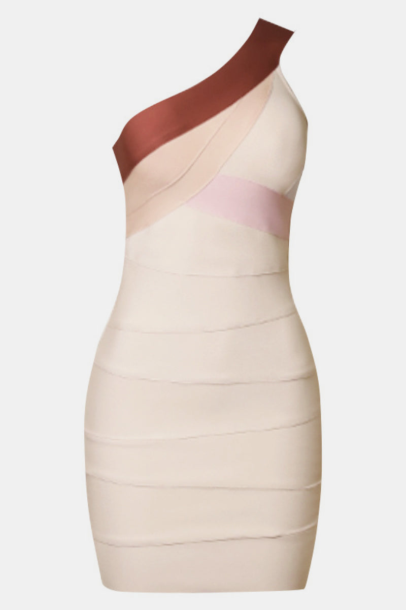 Contrast One-Shoulder Bandage Dress