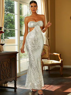 Sequin Strapless Sweetheart Neck Maxi Dress