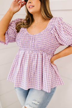 Davi & Dani Youthful Days Full Size Run Gingham Smocked Babydoll Top