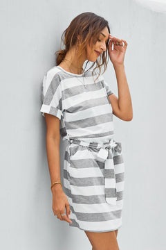 Stripes Pocketed T-shirt Dress with Belt