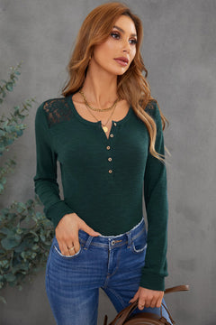 Lace Back Button Up Crewneck Top