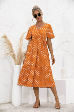 Polka Dot V Neck Belted Dress