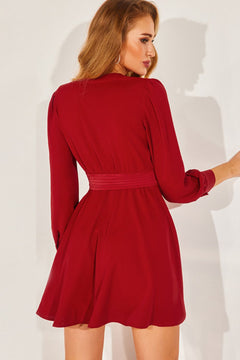 Pleated Puff Sleeve Deep V Dress