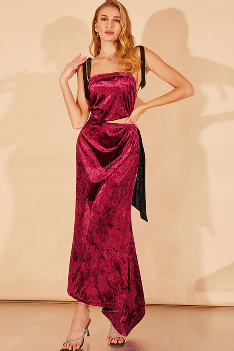 Two-Tone Tie-Shoulder Cutout Asymmetrical Velvet Dress