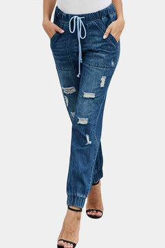 High Waist Elasticated Bottom Distressed Jeans