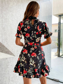 Floral Keyhole Tie Waist Mini Dress