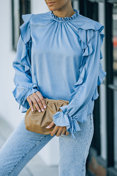 Ruffled Sleeve Frill Neck Gathered Detail Blouse