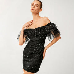 Polka Dot Off-Shoulder Spliced Mesh Dress