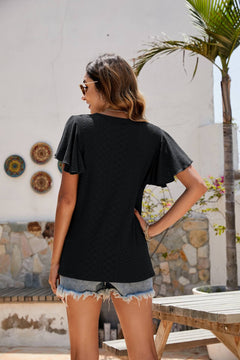 Eyelet Flutter Sleeve Short Sleeve Top