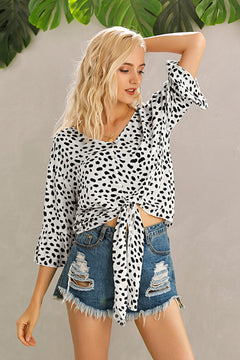 Cheetah Print Tie Hem Crop Blouse